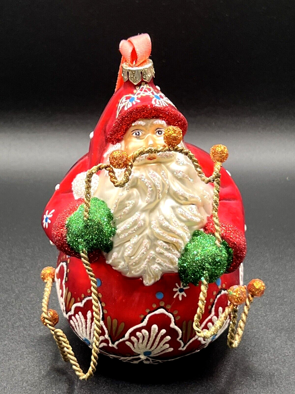 Vintage Hand Painted Blown Glass Ornament Glitter Red Santa w/ Garland